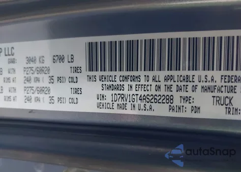 2010 Dodge Ram 1500 Slt/Sport/Trx из США, поврежденный, VIN 1D7RV1GT4AS262288